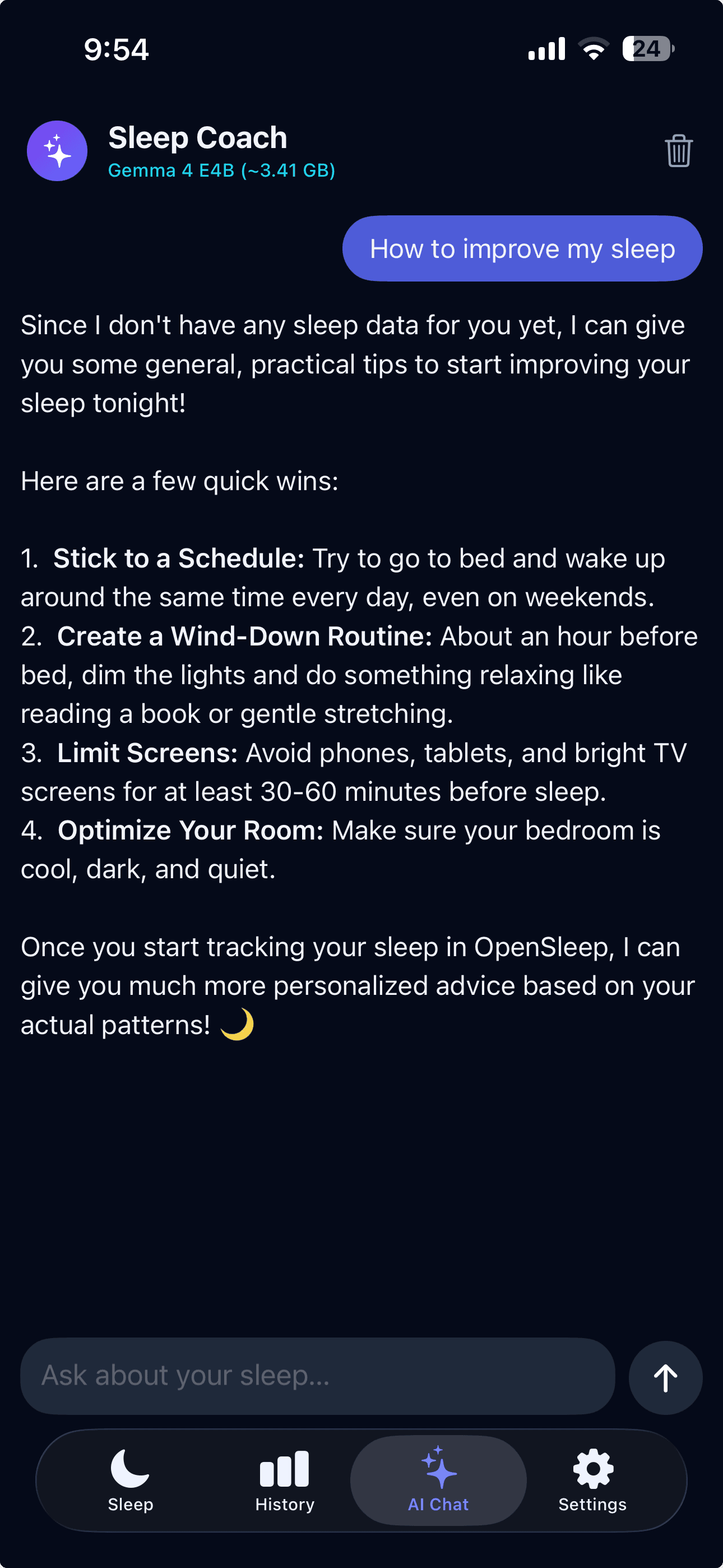 OpenSleep AI Coach Chat View